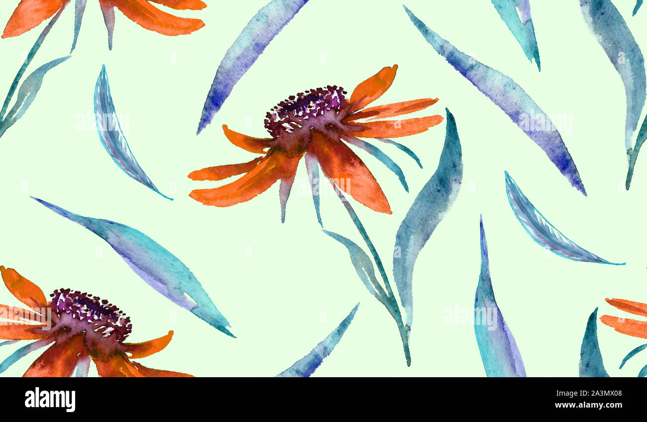 Echinacea fiori rossi e foglie dipinte a mano illustrazione ad acquerello, seamless pattern design morbido su sfondo verde Foto Stock