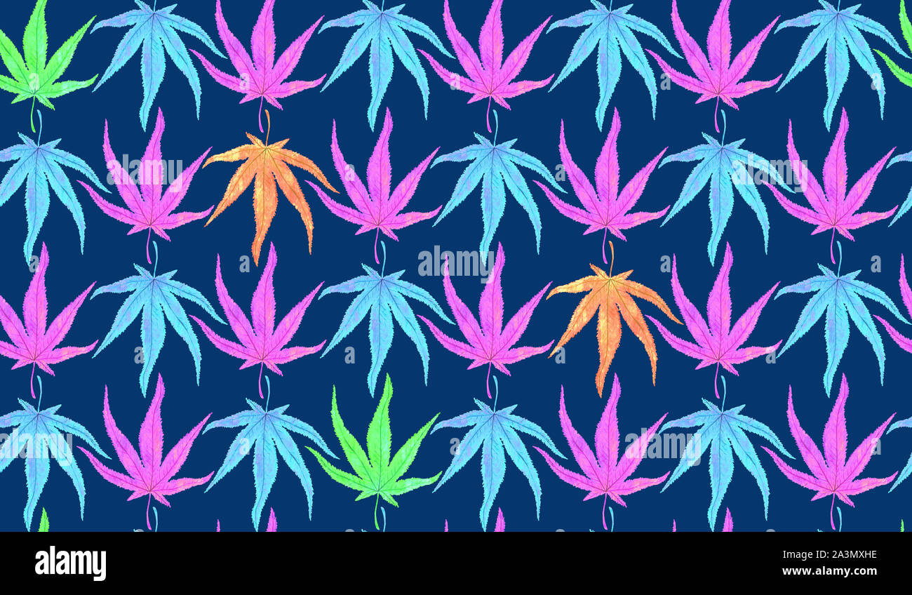 Acero giapponese (marihuana forma) foglie colorate, dipinto a mano ad acquarello, illustrazione perfetta design pattern su sfondo blu scuro Foto Stock