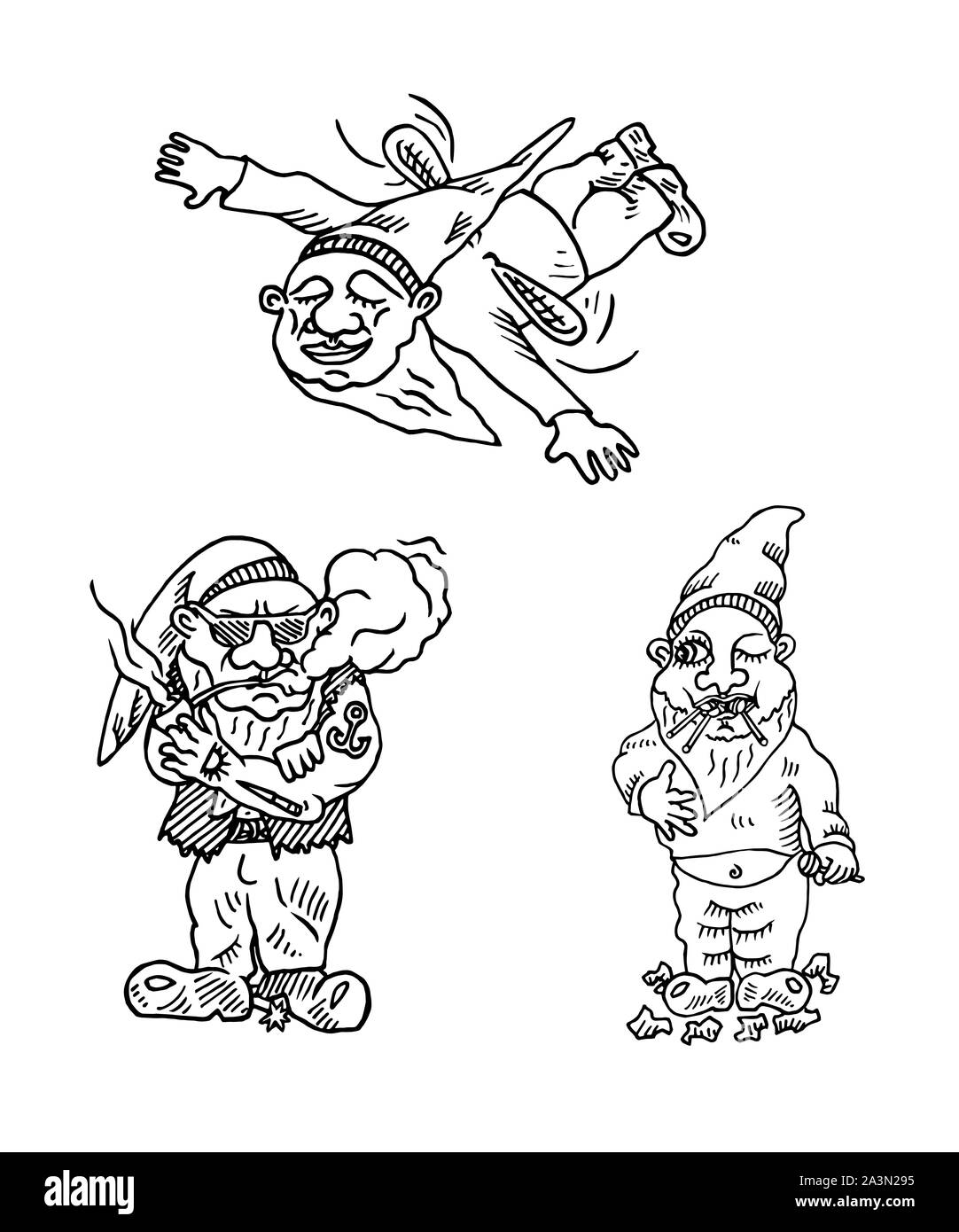 Buffi gnomi impostare, in hat volando sulle ali di piccole dimensioni, sweet tooth gnome mangiare lecca lecca, raffreddare una tubazione di fumare, contorno doodle schizzo illustrazione Foto Stock