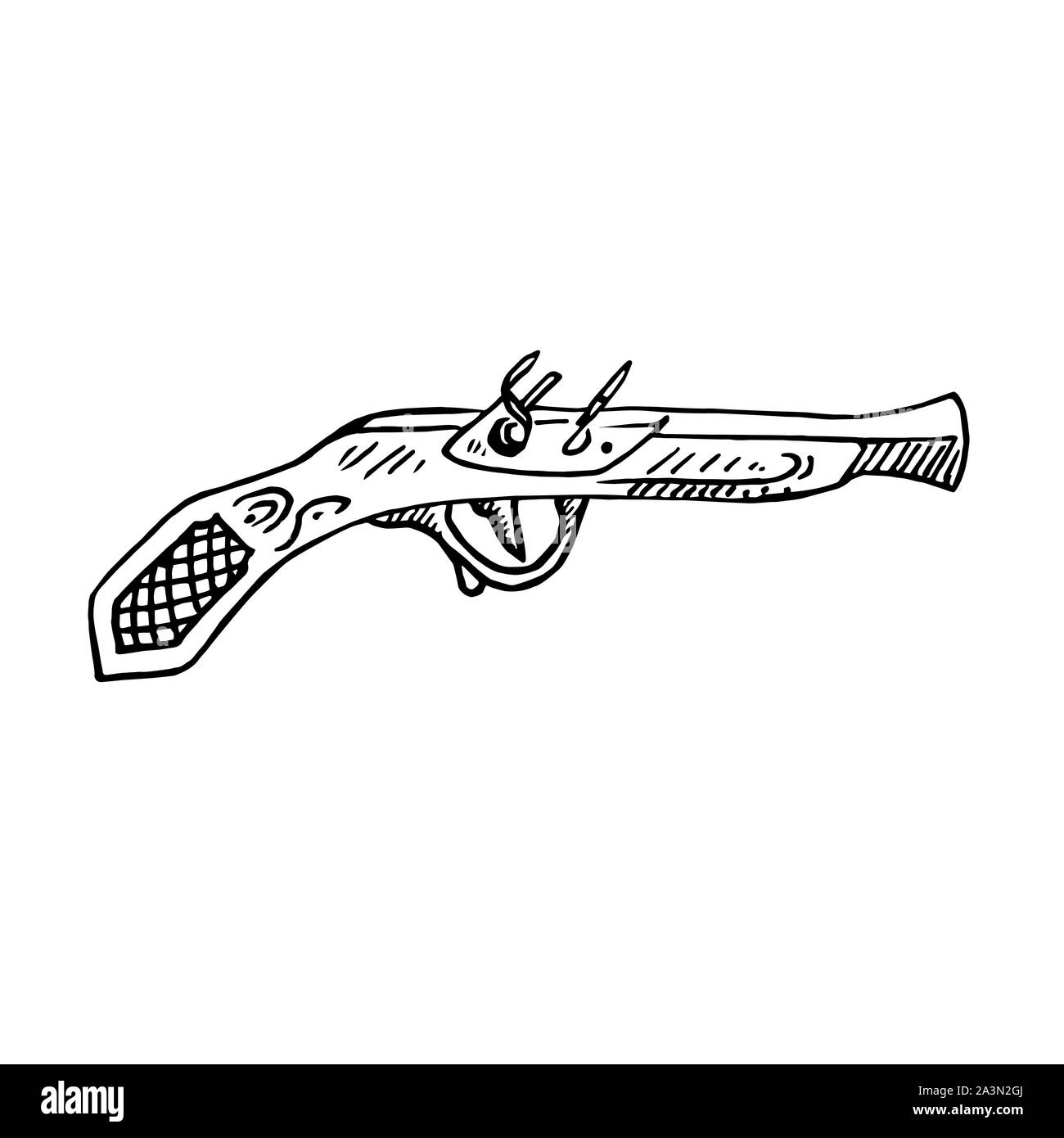 Il vecchio stile pistola vista laterale, disegnati a mano doodle, schizzo, in bianco e nero illustrazione Foto Stock