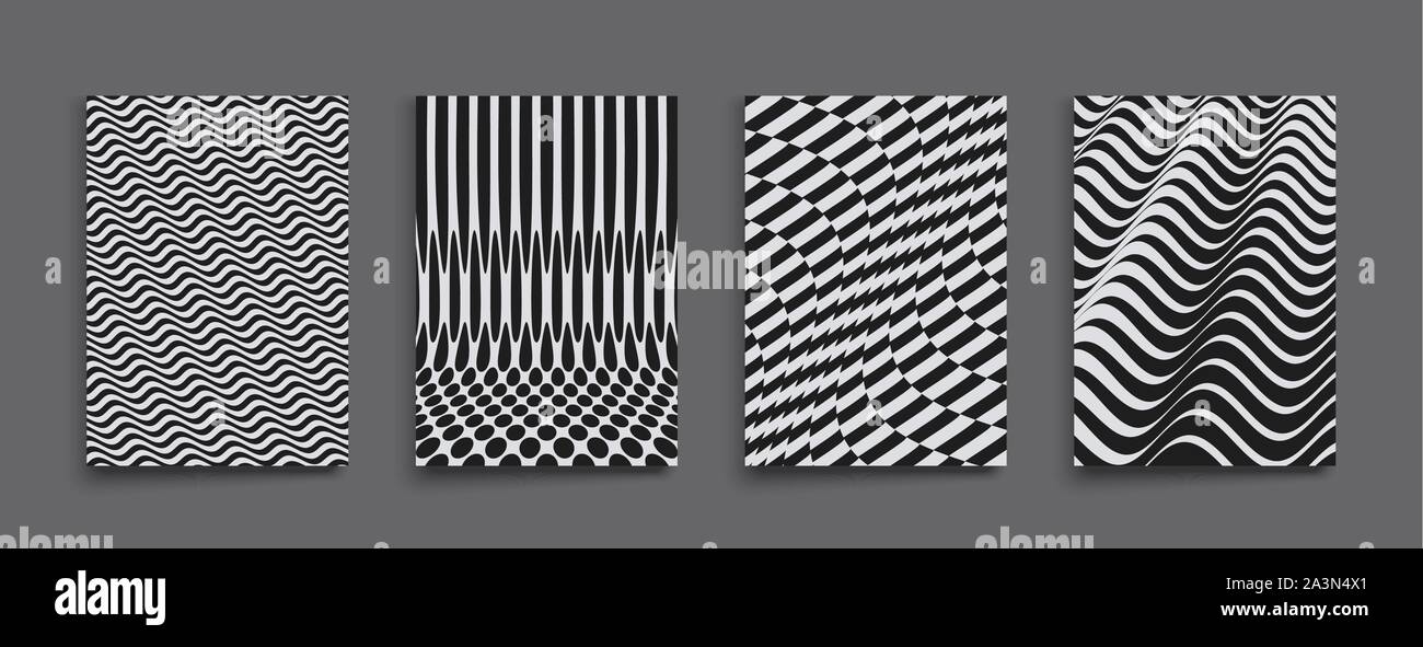 Cover Design modello. Design in bianco e nero. Modello con illusione ottica. Abstract 3D sfondo geometrico. Illustrazione Vettoriale. Illustrazione Vettoriale