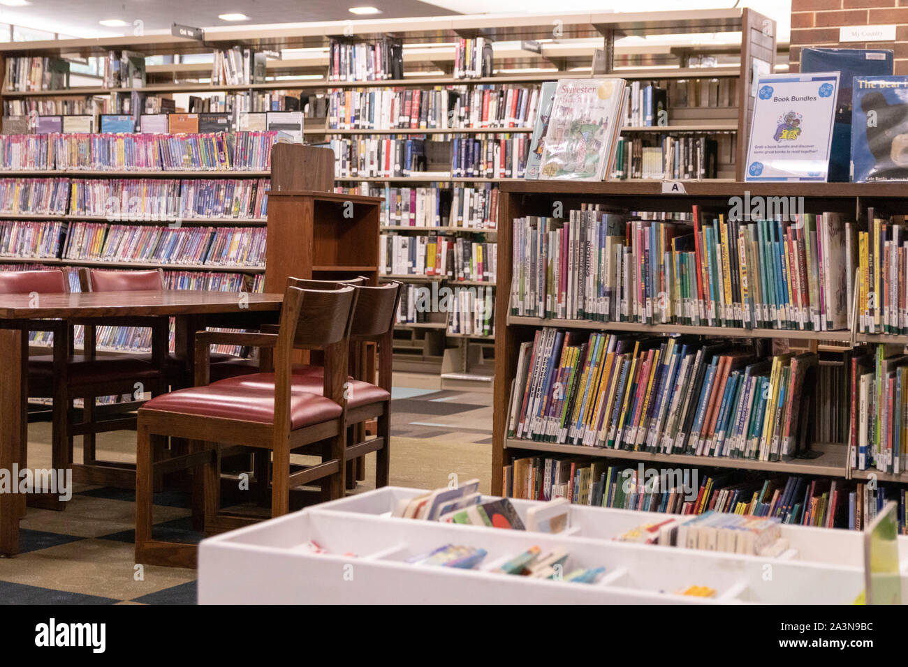 Vista di libri e librerie nella sezione per bambini di una biblioteca pubblica americana Foto Stock