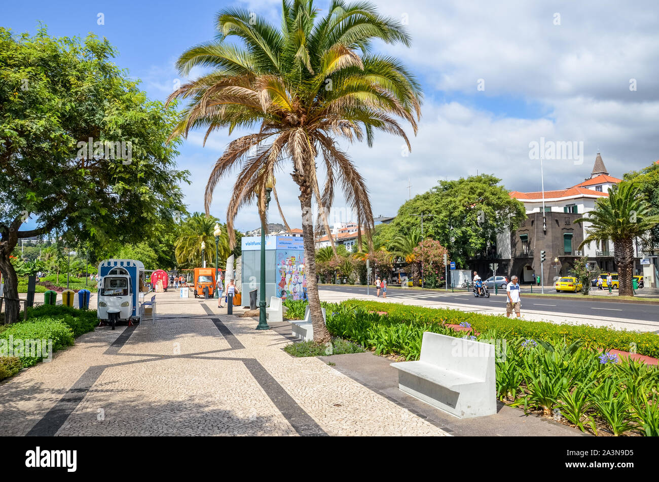 Funchal, Madeira, Portogallo - Sep 10, 2019: bellissima passeggiata nella capitale di Madeira, città portoghese. Marciapiede in ciottoli, la vegetazione verde, Palm tree e la gente per strada. Giornata di sole. La vita quotidiana. Foto Stock