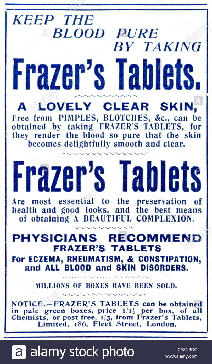 Era Vittoriana, Frazer's compresse, pubblicità d'epoca dal 1899 Foto Stock