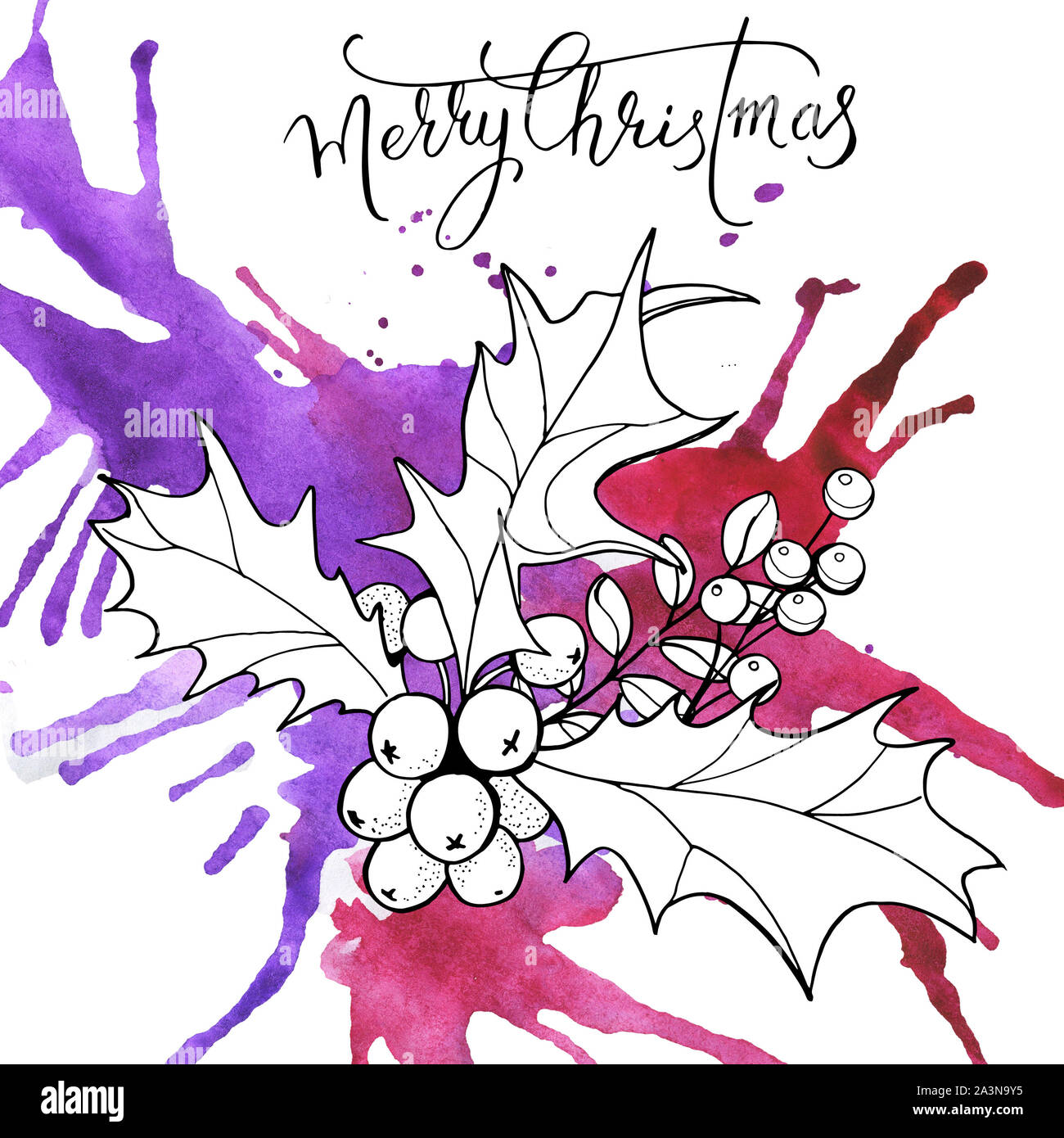 Ghirlanda di Natale con ciuffi di vischio sul posto ad acquerello. Vacanze inverno tema. Adatto per cartoline, poster, pagine web e di prodotti tessili. Foto Stock