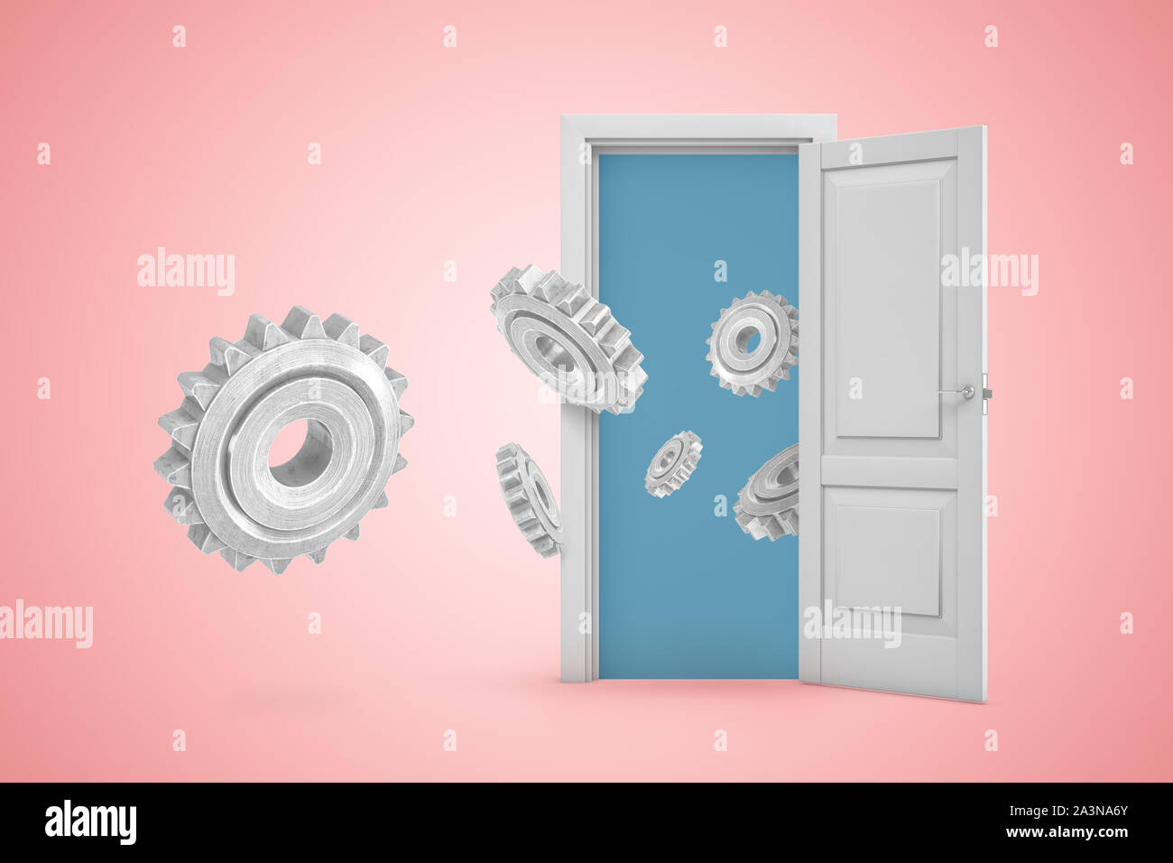 3D rendering di set di metallo di grandi dimensioni ruote dentate battenti fuori dalla porta aperta sul rosa copyspace gradiente dello sfondo. Foto Stock