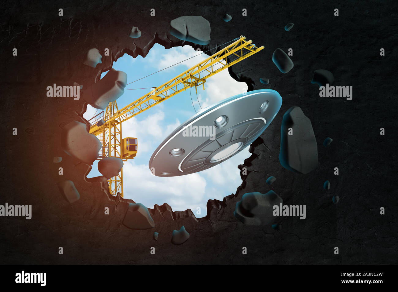 3D rendering di gru che trasportano UFO e rompendo il muro nero uscente dal foro in essa con il blu del cielo si vede attraverso. Foto Stock