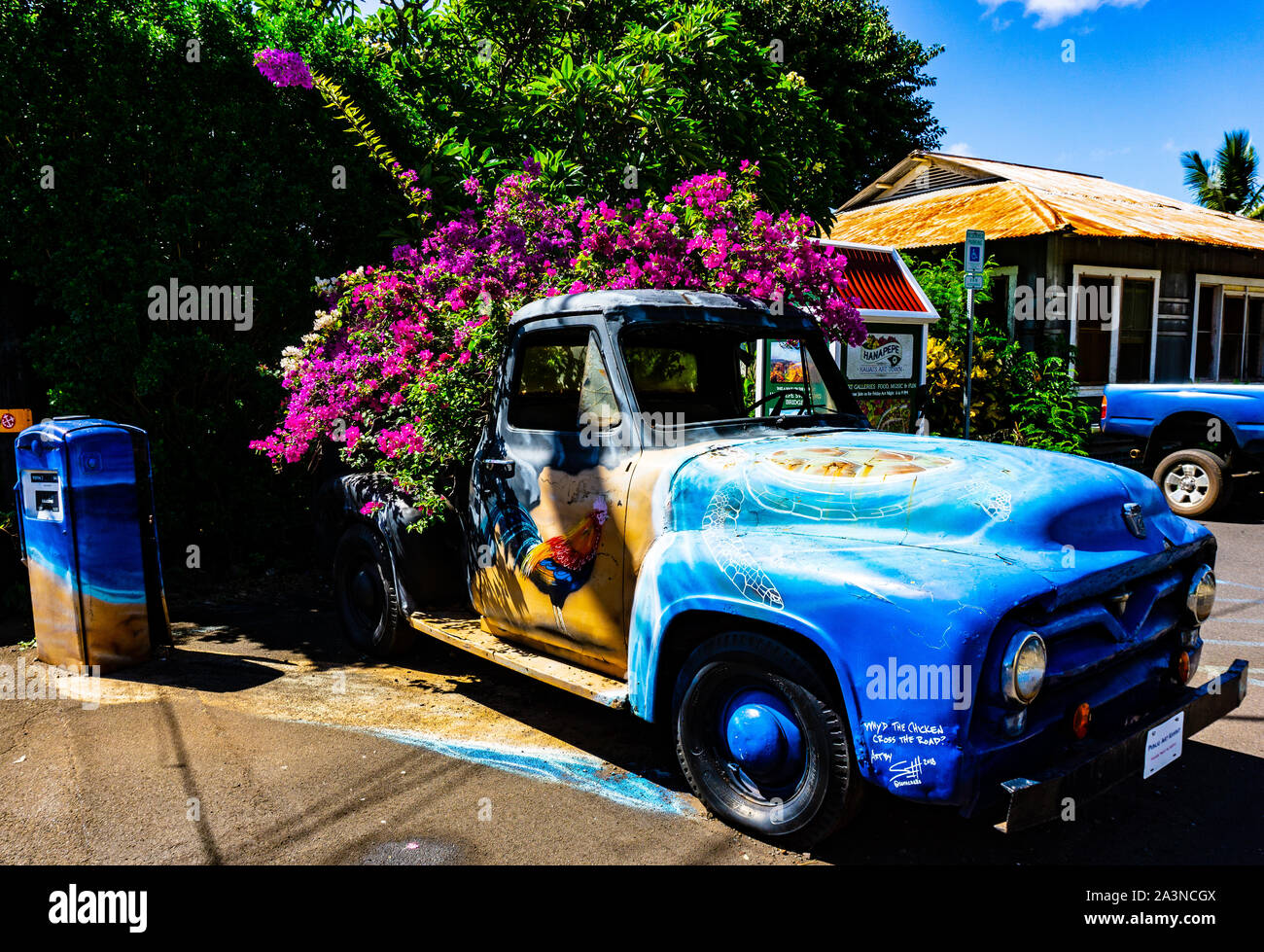 Vintage carrello e pompa a gas, Hanapepe, Kauai, Hawaii Foto Stock