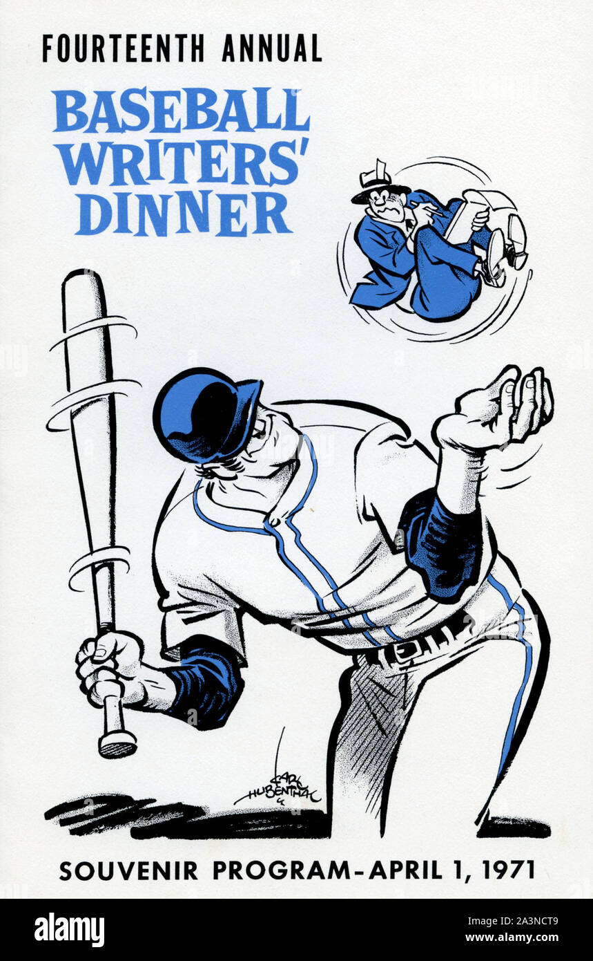 Il coperchio illustrato di programma per la XIV annuale degli scrittori di Baseball a cena da noti sport artista Carl Hubenthal nel 1971. Foto Stock