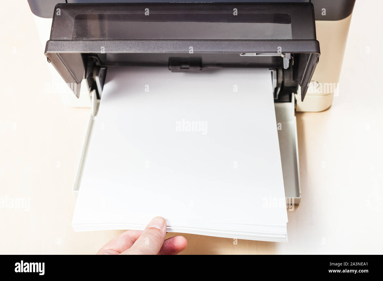 Mettere dei fogli di carta bianca nel vassoio della stampante del dispositivo multi funzione sul tavolo in ufficio Foto Stock