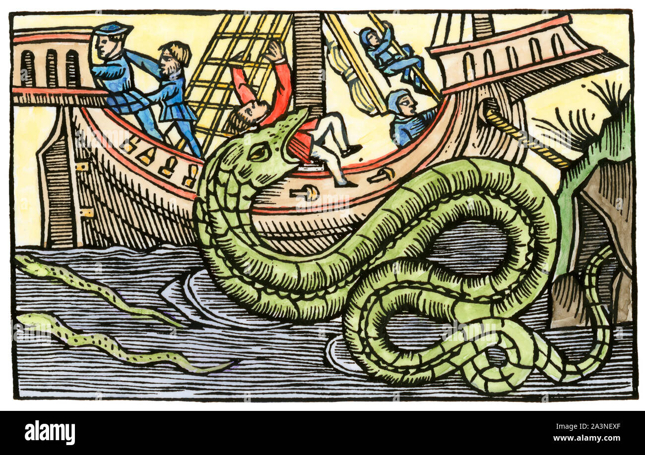 Mare di oscurità, come l'inesplorato oceani sono stati immaginato. Colorate a mano la xilografia da Claus Magnus Foto Stock