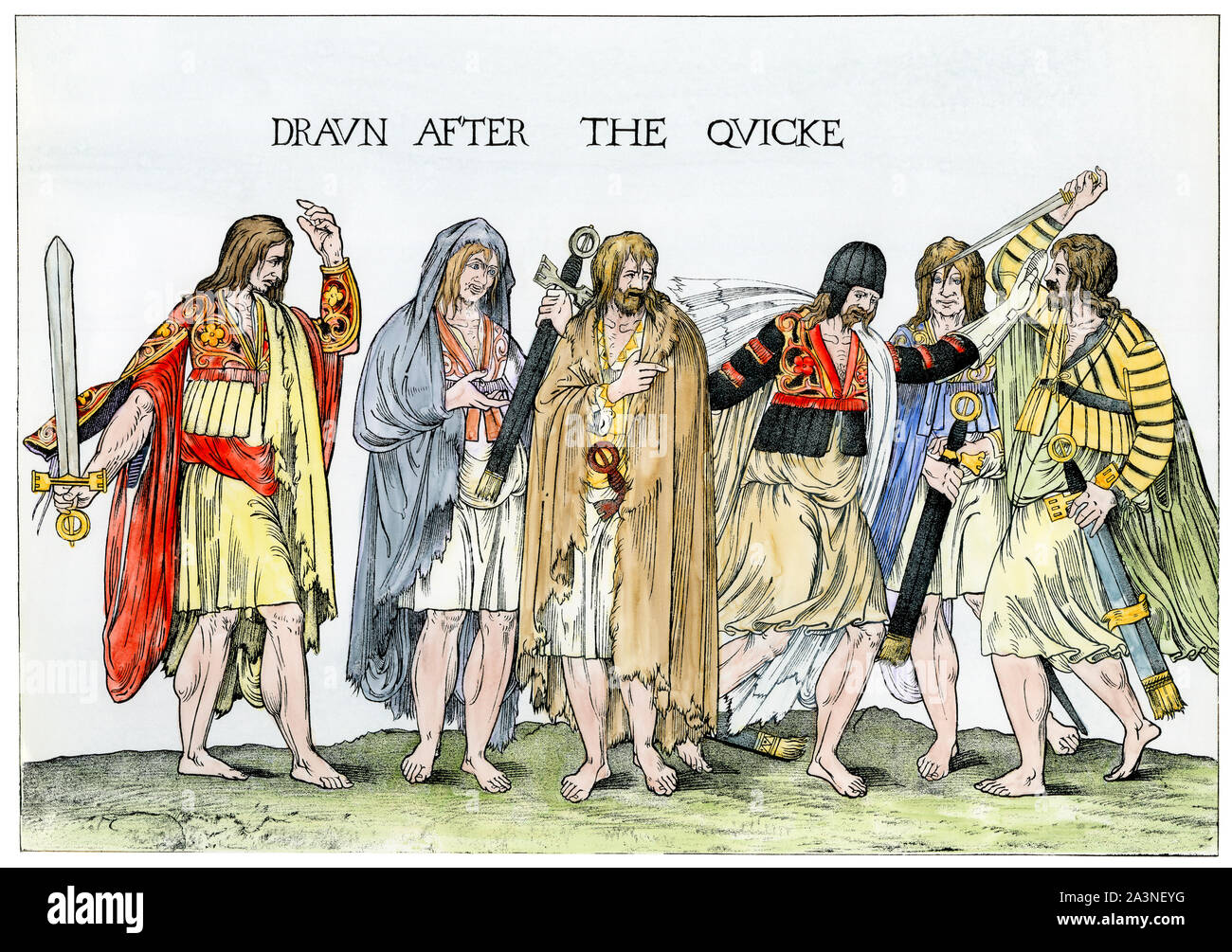 Irish chieftains 'drawn dopo la quicke' (dalla vita), 1500s. Colorate a mano la xilografia Foto Stock