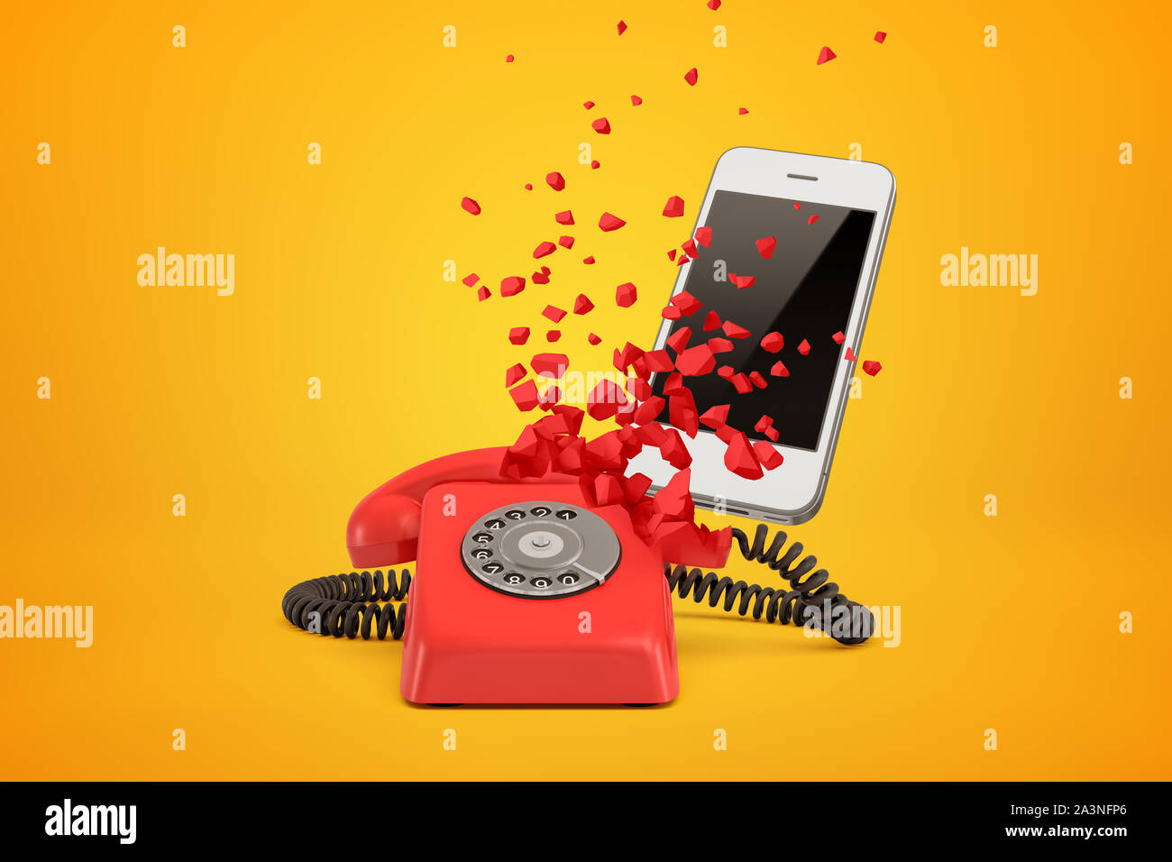 3D rendering di rosso telefono wireline la rottura in pezzi e bianco moderno smartphone dietro di esso su sfondo di colore ambra. Foto Stock