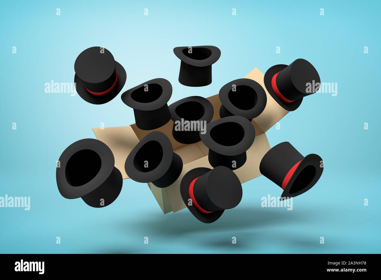 3D rendering di scatola di cartone in aria piena di top nero cappelli che sono battenti fuori e galleggiante esterno su sfondo blu. Foto Stock