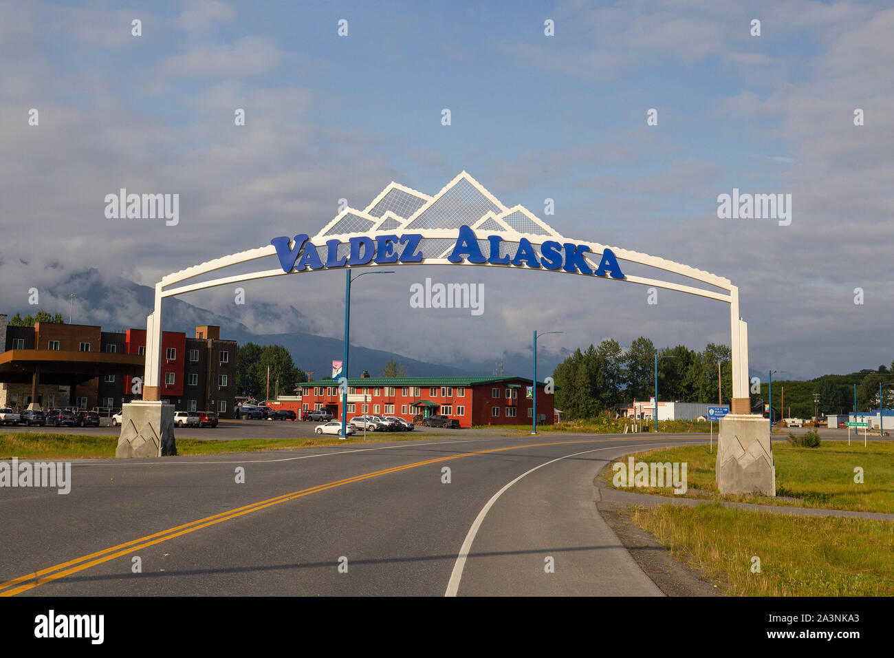 Firmare all'entrata di Valdez Alaska sulla Richardson Highway negli Stati Uniti stato dell'Alaska. Foto Stock