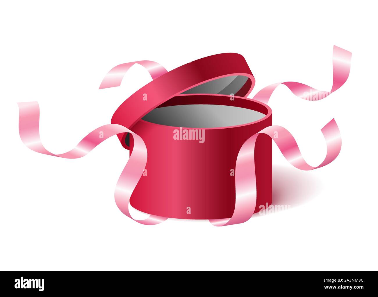 Rosa Rossa aperto 3D realistici round confezione regalo con battenti fuori i nastri e il luogo per il vostro testo, casella realistico illustrazione vettoriale. Illustrazione Vettoriale
