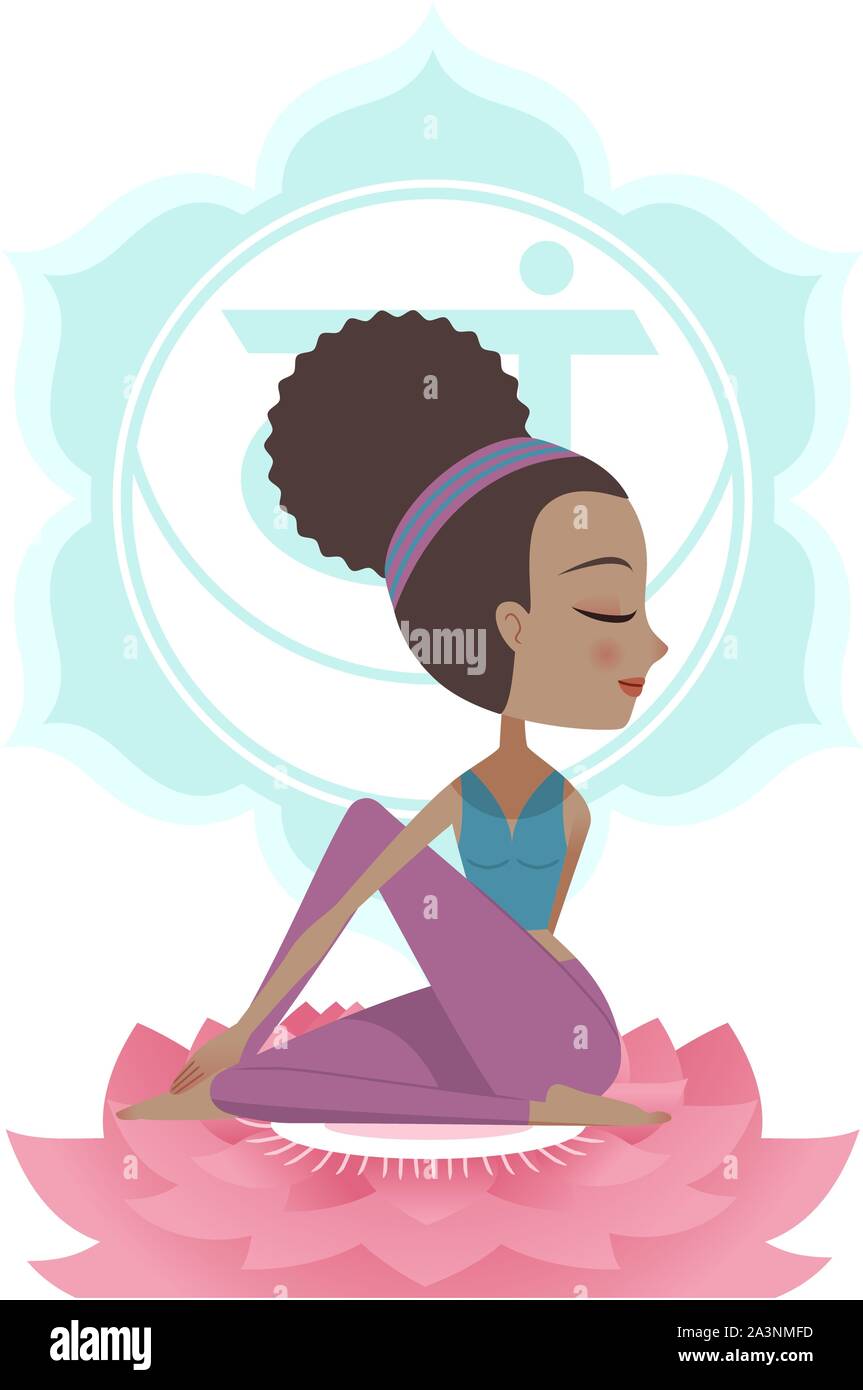 Lo Yoga asana postura pratica con Svadisthana Chakra Mandala simboli Backround, illustrazione vettoriale. Con donna seduta su rosa loto. Illustrazione Vettoriale