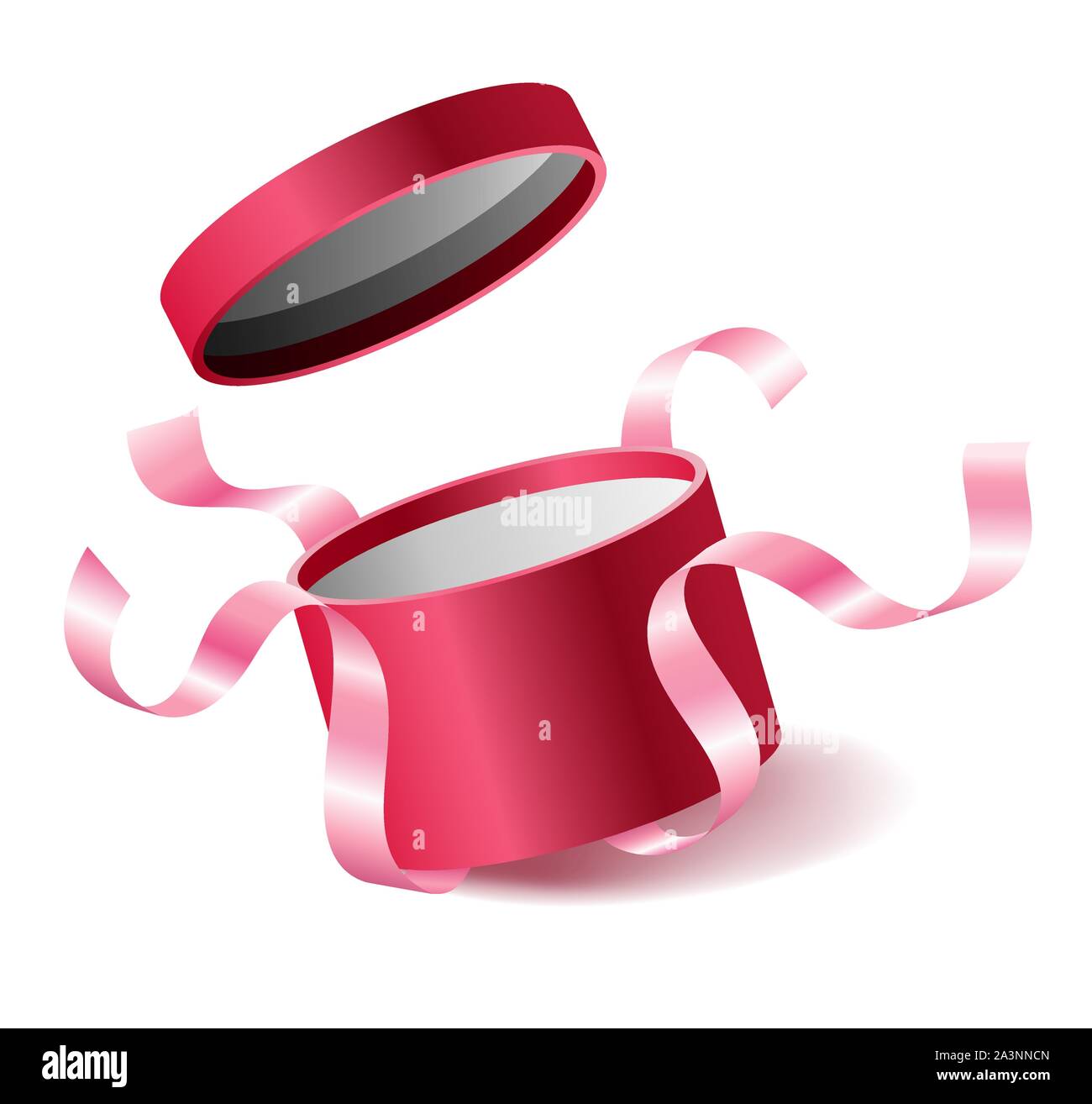 Rosa Rossa aperto 3D realistici round confezione regalo con battenti fuori il coperchio e i nastri e il luogo per il vostro testo, casella realistico illustrazione vettoriale. Illustrazione Vettoriale