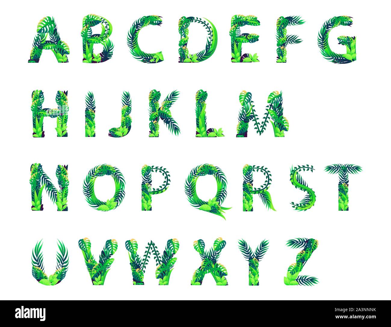 Set di foglie alfabeto con diversi tipi di foglie verdi e fogliame piatta illustrazione vettore isolato su sfondo bianco. Illustrazione Vettoriale