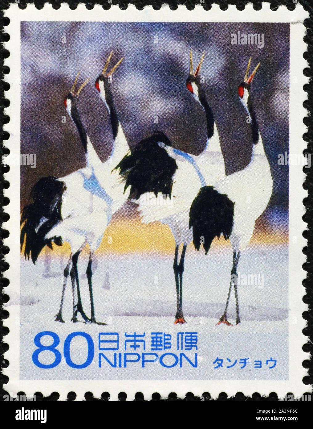 Quattro gru di chiamata sul giapponese postages timbro Foto Stock