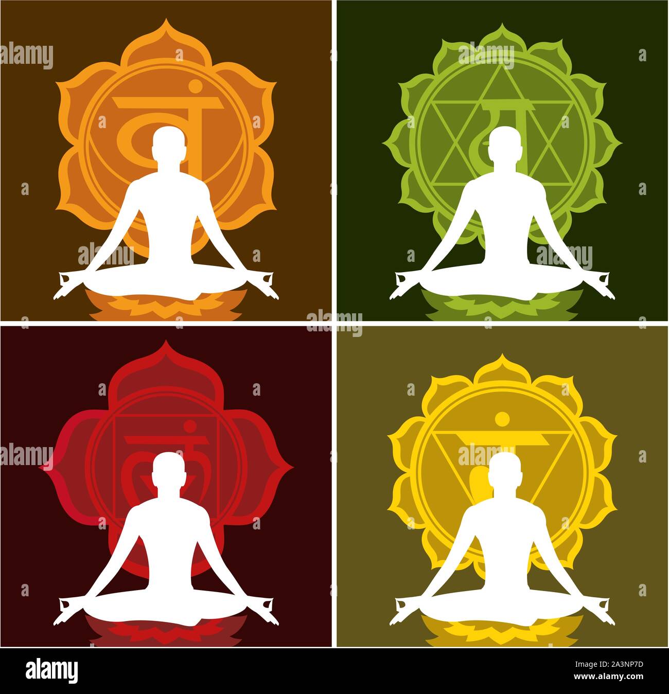 Lotus meditando la postura posizione su Lotus con i chakra simbolo illustrazione vettoriale. Illustrazione Vettoriale