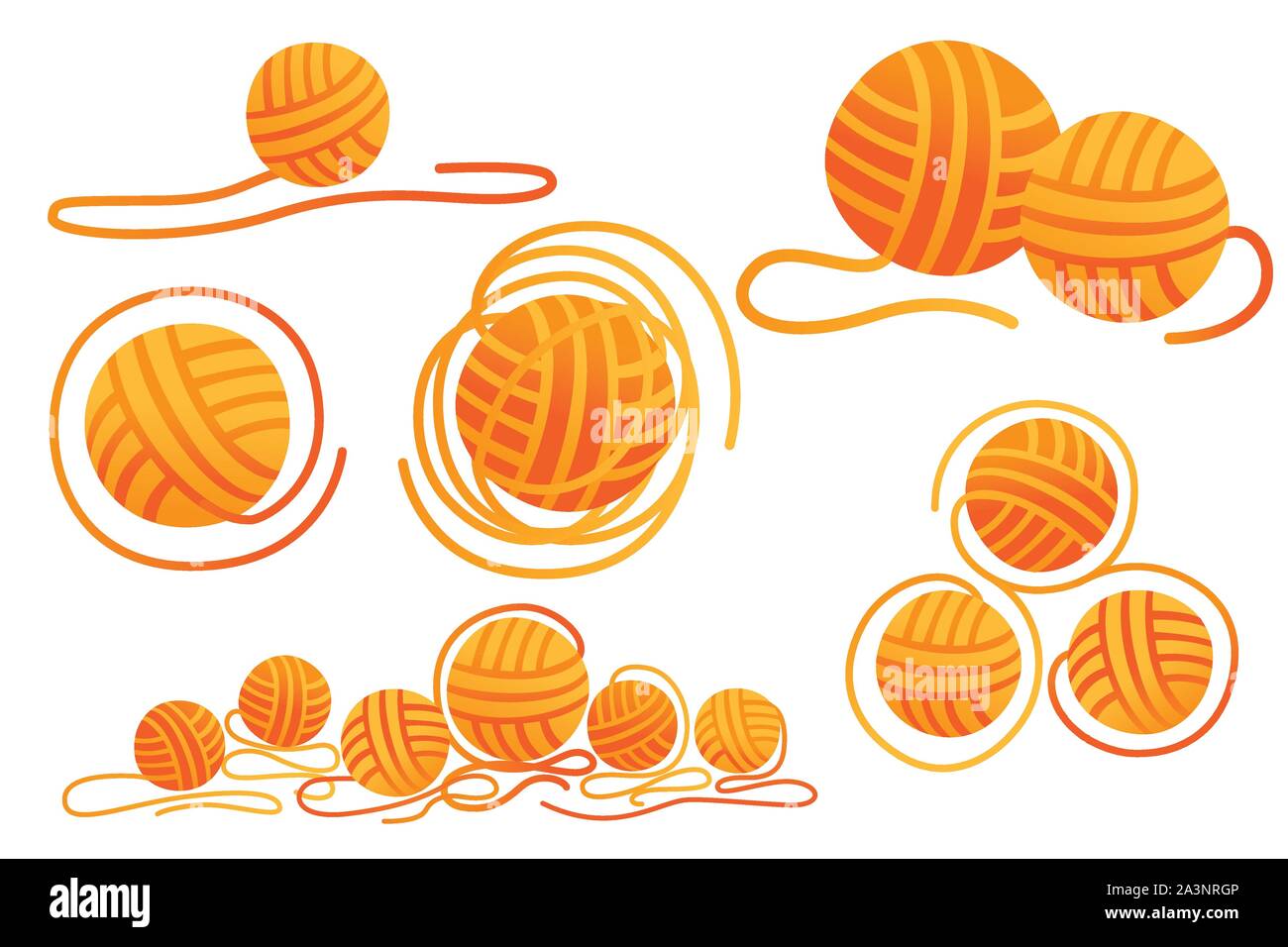 Set di palle di lana oggetto di artigianato per ricamo di colore arancione piatta illustrazione vettore isolato su sfondo bianco. Illustrazione Vettoriale