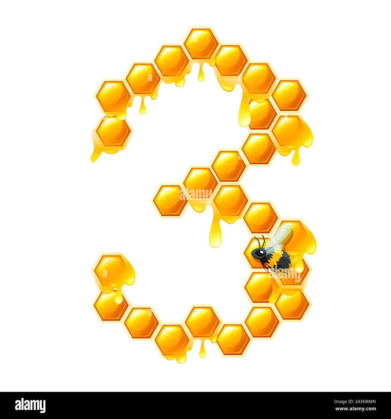 Numero a nido d'ape 3 con gocce di miele e bee stile cartoon food design piatto illustrazione vettore isolato su sfondo bianco. Illustrazione Vettoriale