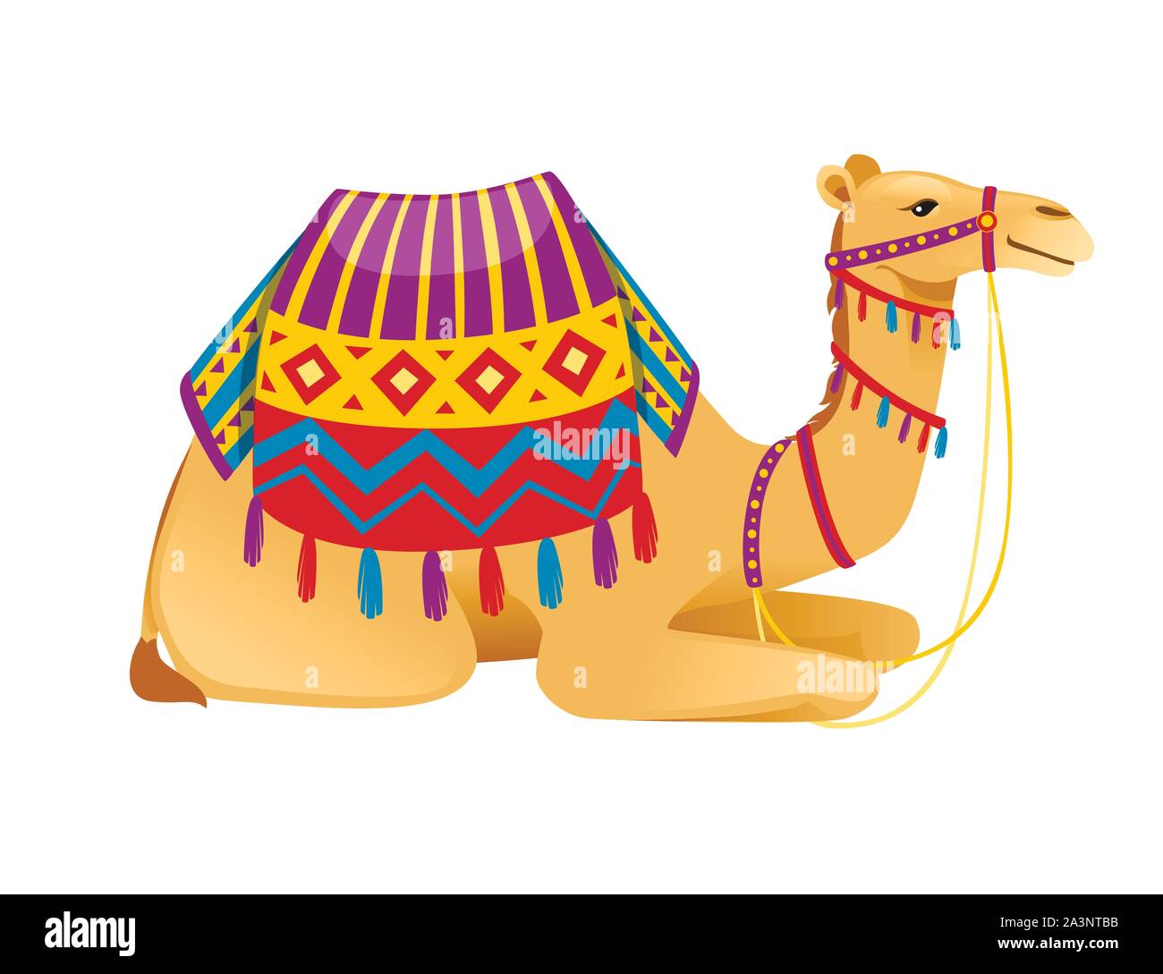 Carino due hump cammello con briglia e sella seduta sul terreno cartoon animale piatto design illustrazione vettoriale isolati su sfondo bianco. Illustrazione Vettoriale