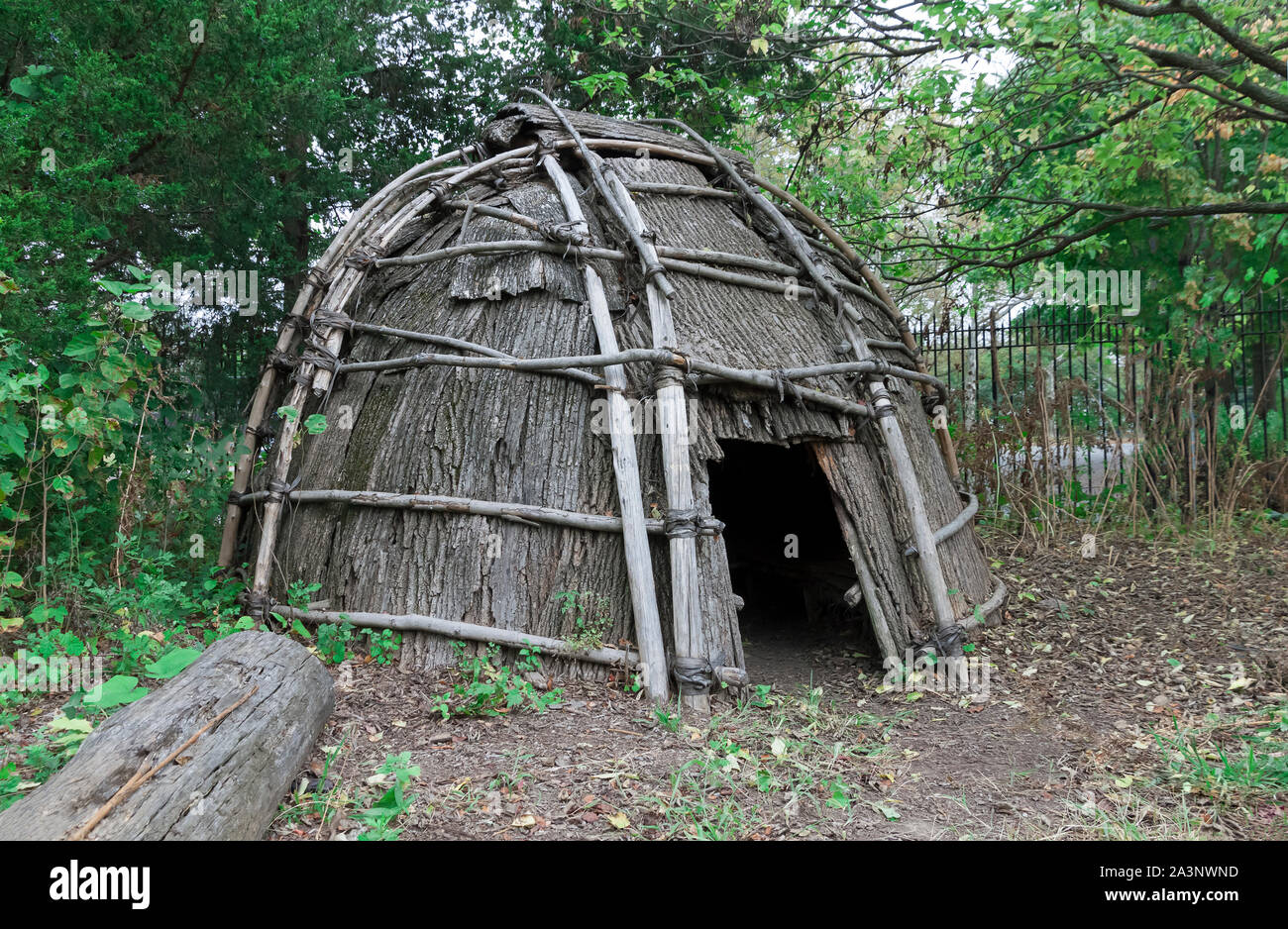 Lenape wigwam indiano shelter (ricostruzione) realizzato con tulip di corteccia di albero. Inwood Hill Park, New York City. Foto Stock