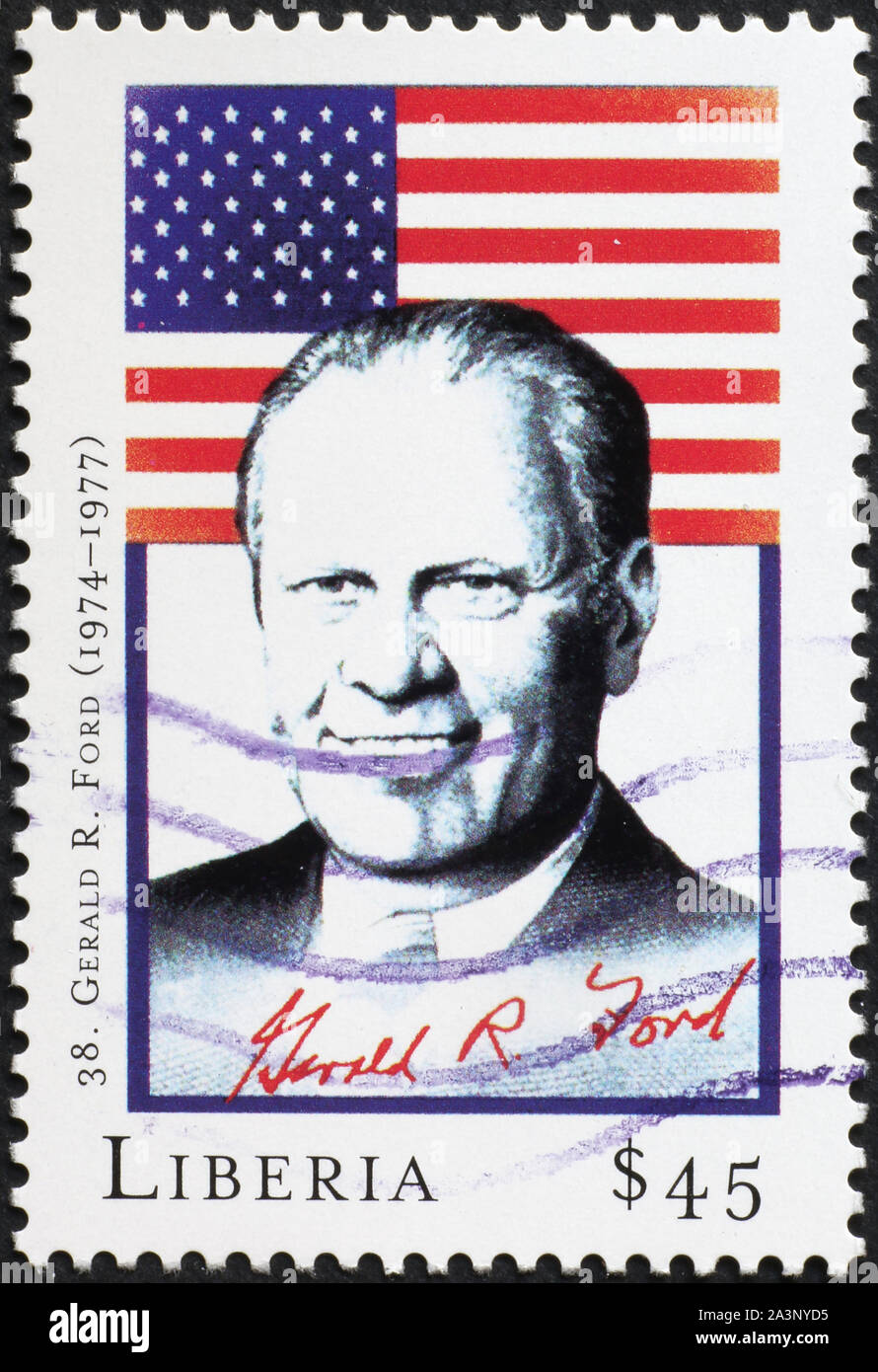 Presidente Gerald Ford e bandiera sul francobollo Foto Stock