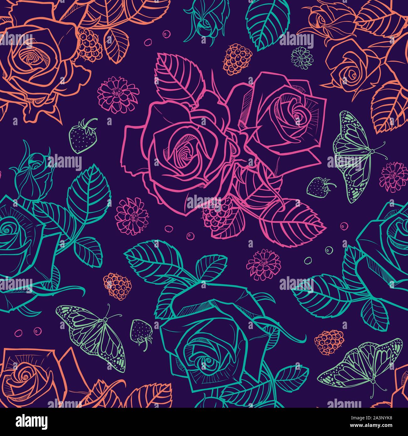 Vettore rose viola e bacche seamless pattern. Perfetto per tessuto, scrapbooking e progetti di sfondo. Illustrazione Vettoriale