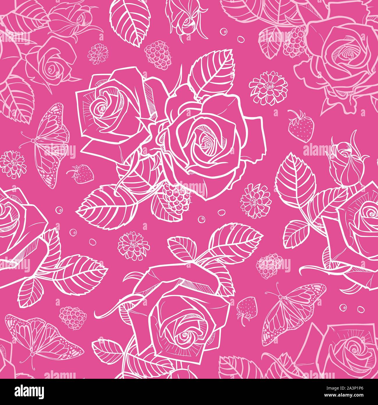 Vettore rose rosa e bacche seamless pattern. Perfetto per tessuto, scrapbooking e progetti di sfondo. Illustrazione Vettoriale