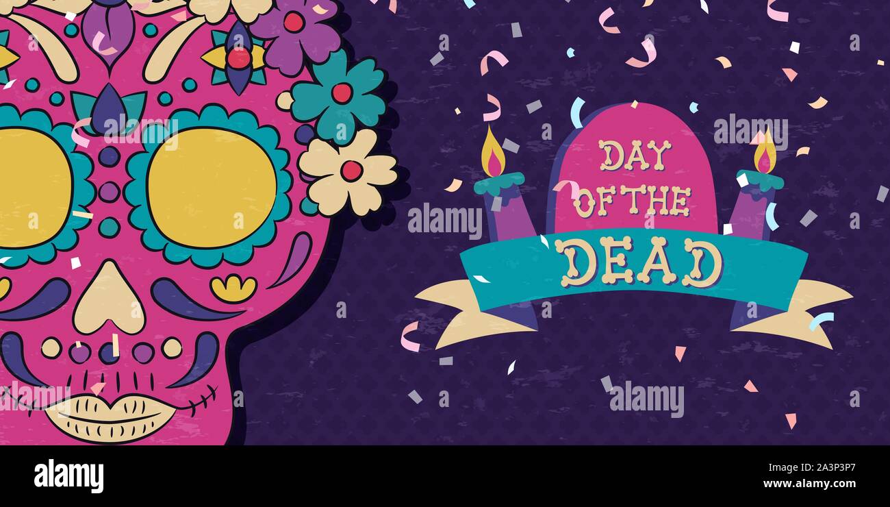 Il giorno dei morti il teschio di zucchero biglietto di auguri per la Festa messicana tradizionale dello scheletro del Messico decorazione con candele e fiori. Illustrazione Vettoriale