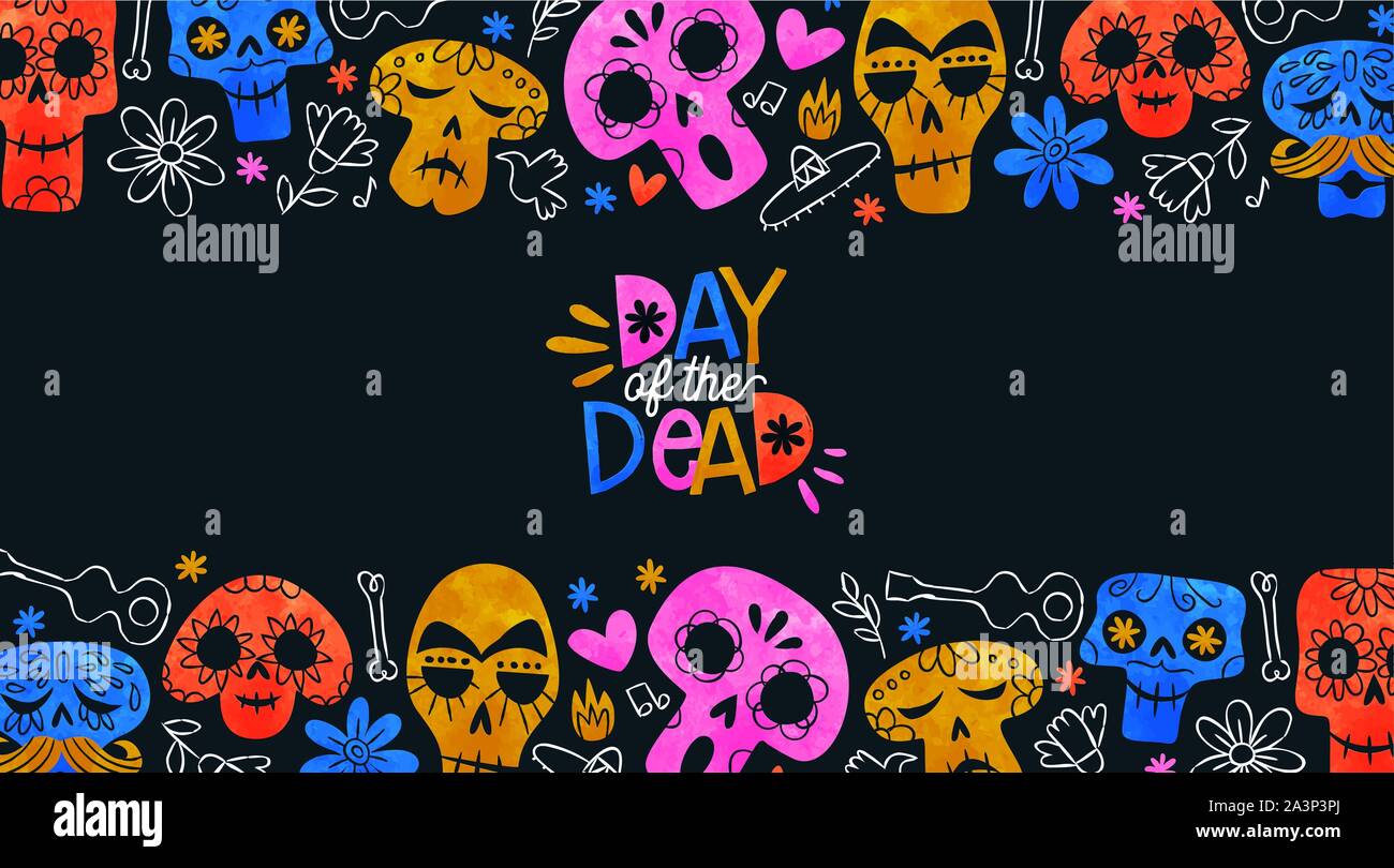Il giorno dei morti greeting card illustrazione, colorato di zucchero ad acquerello teschi e disegnati a mano la cultura del Messico le icone per messicano tradizionale festa Illustrazione Vettoriale