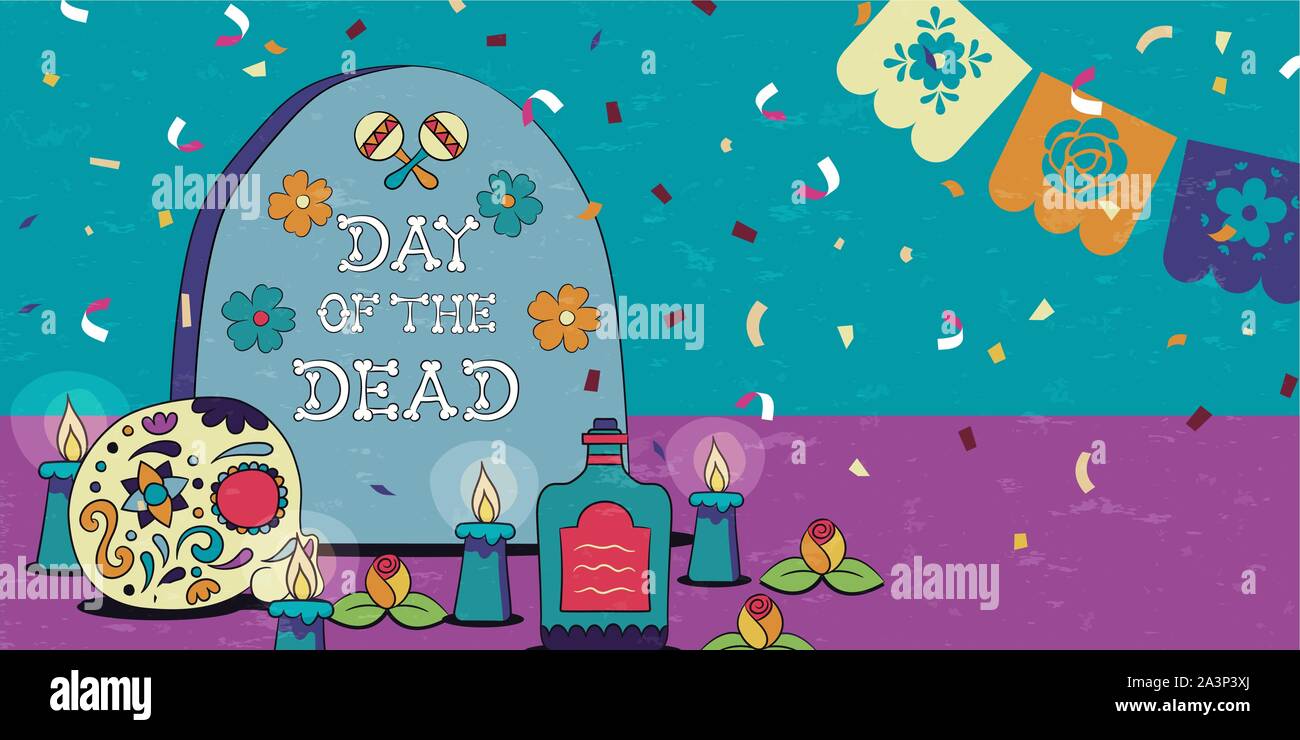Il giorno dei morti banner web, tradizionale messicana teschio di zucchero, candele e fiori illustrazione per il Messico vacanza evento. Illustrazione Vettoriale