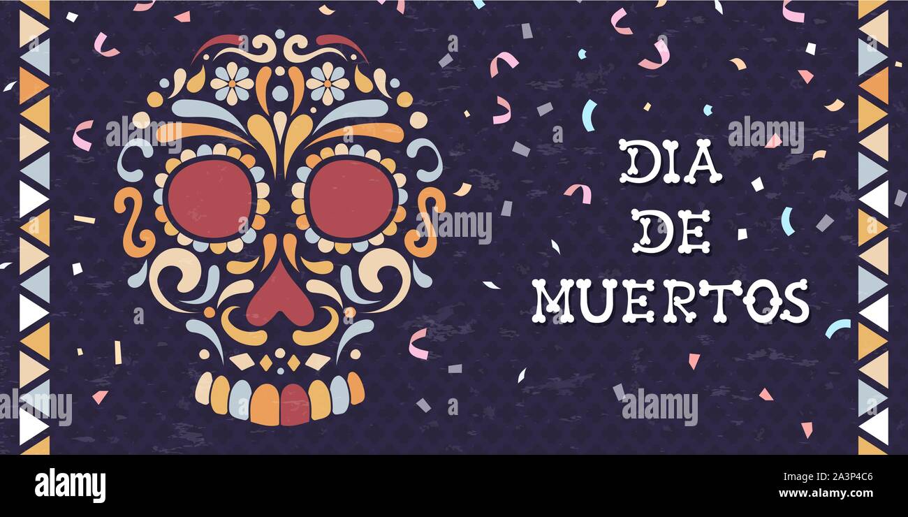 Il giorno dei morti lo zucchero cranio banner web per la celebrazione messicano, tradizionale messico decorazione di scheletro con colorati party coriandoli. Illustrazione Vettoriale