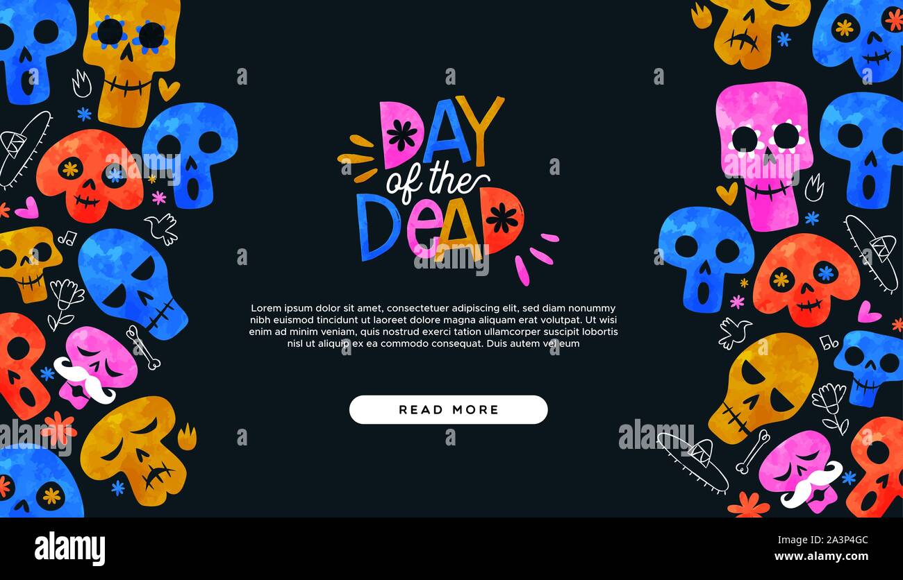 Il giorno dei morti Pagina di destinazione in linea con il modello colorato di zucchero ad acquerello teschi e disegnati a mano la cultura del Messico le icone per la tradizionale vacanza messicana Illustrazione Vettoriale