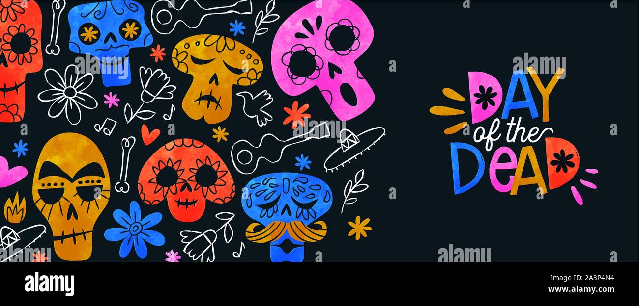 Il giorno dei morti di banner per il web di illustrazione, colorato di zucchero ad acquerello teschi e disegnati a mano la cultura del Messico le icone per messicano tradizionale evento di vacanza. Illustrazione Vettoriale