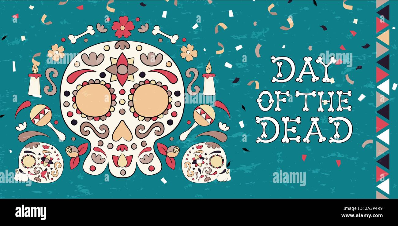 Il giorno dei morti bigliettino, tradizionale messicana teschio di zucchero, candele e fiori illustrazione per il Messico vacanze sfondo evento. Illustrazione Vettoriale