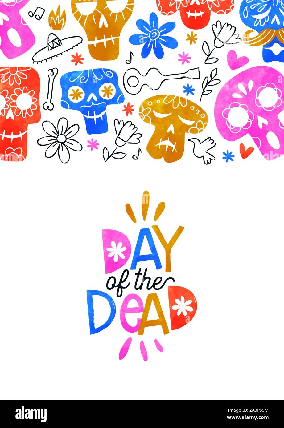 Il giorno dei morti greeting card illustrazione, colorato di zucchero ad acquerello teschi e disegnati a mano la cultura del Messico le icone per messicano tradizionale evento di vacanza Illustrazione Vettoriale