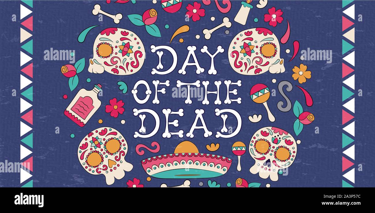 Il giorno dei morti il teschio di zucchero biglietto di auguri per la Festa messicana tradizionale dello scheletro del Messico decorazione con candele e fiori vacanze sfondo Illustrazione Vettoriale