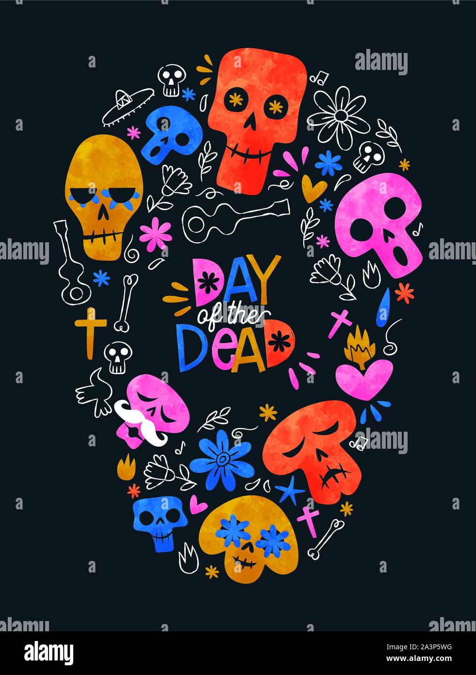 Il giorno dei morti vacanza messicana biglietto di auguri, colorate acquerello decorazione icone dello zucchero in forma cranica per la tradizionale festa del Messico evento. Illustrazione Vettoriale