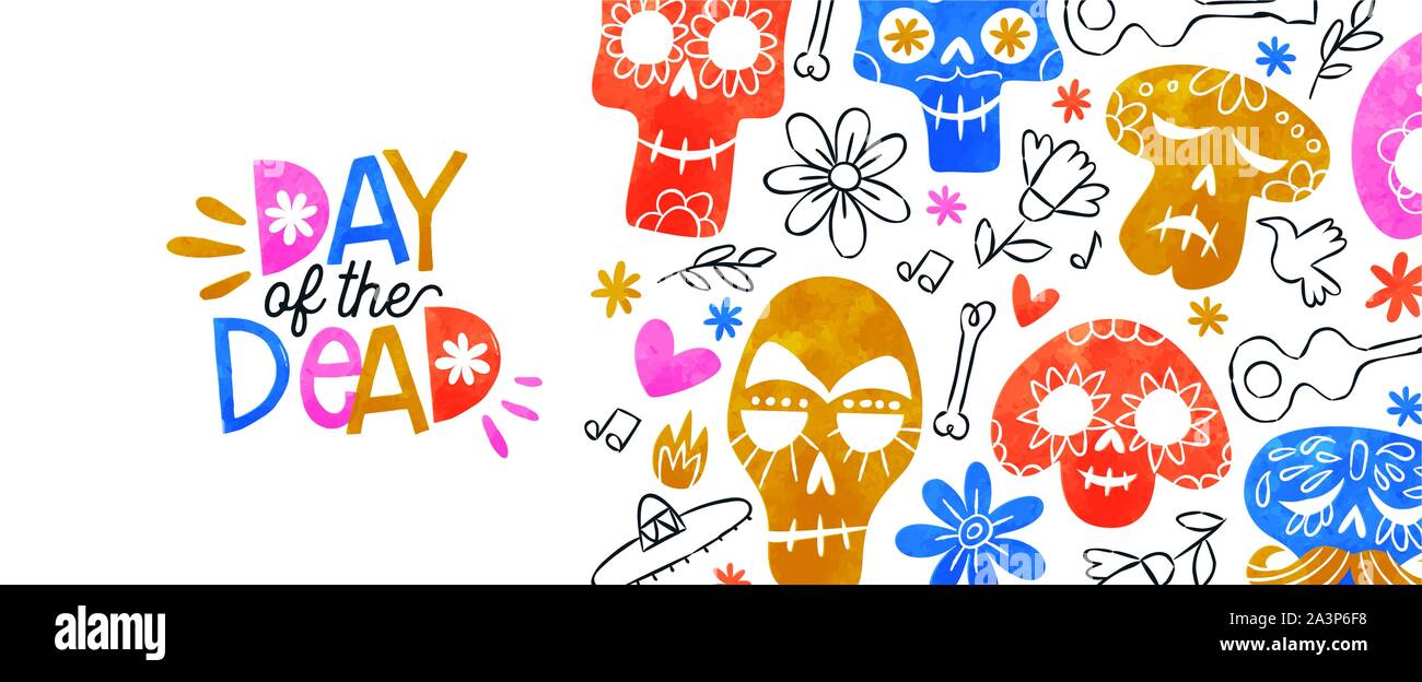 Il giorno dei morti di banner per il web di illustrazione, colorato di zucchero ad acquerello teschi e disegnati a mano la cultura del Messico cartoon per messicano tradizionale evento di vacanza Illustrazione Vettoriale