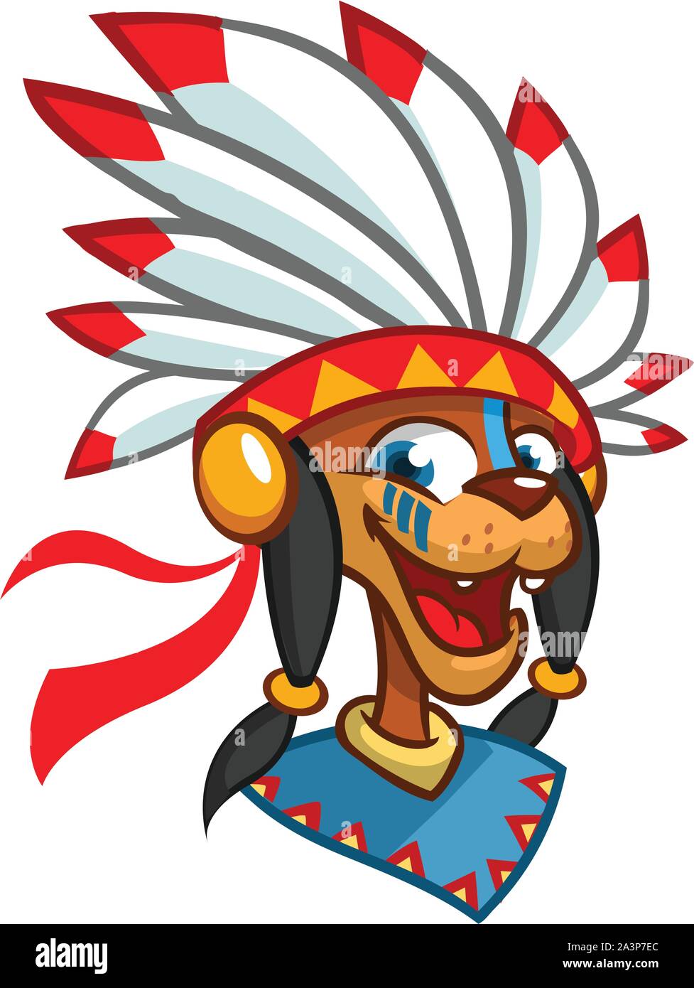 Cartoon Native American carattere icona di testa. Illustrazione Vettoriale di capo nativo americano con piume sulla sua testa Illustrazione Vettoriale