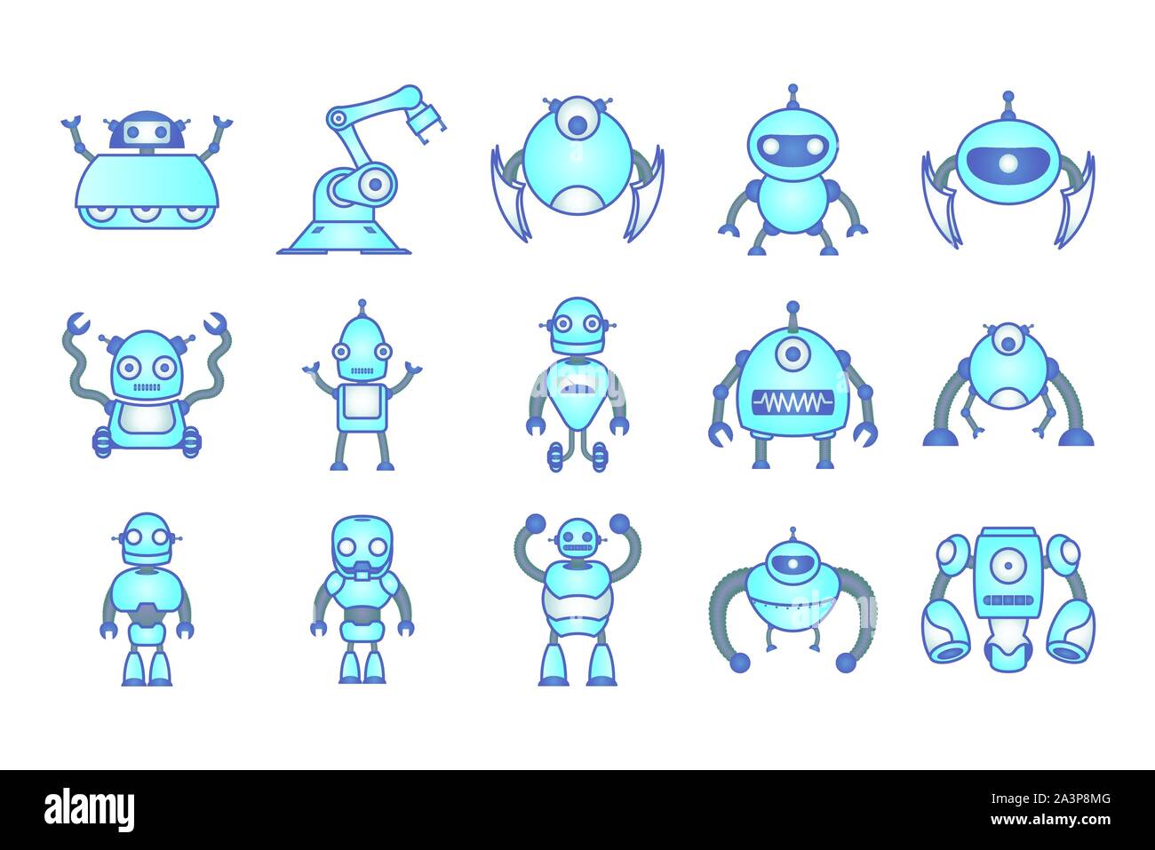 Bundle di robot cyborg impostare le icone Illustrazione Vettoriale