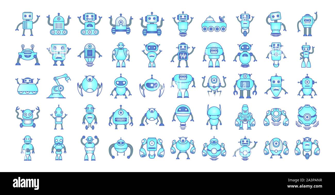 Bundle di robot cyborg impostare le icone Illustrazione Vettoriale