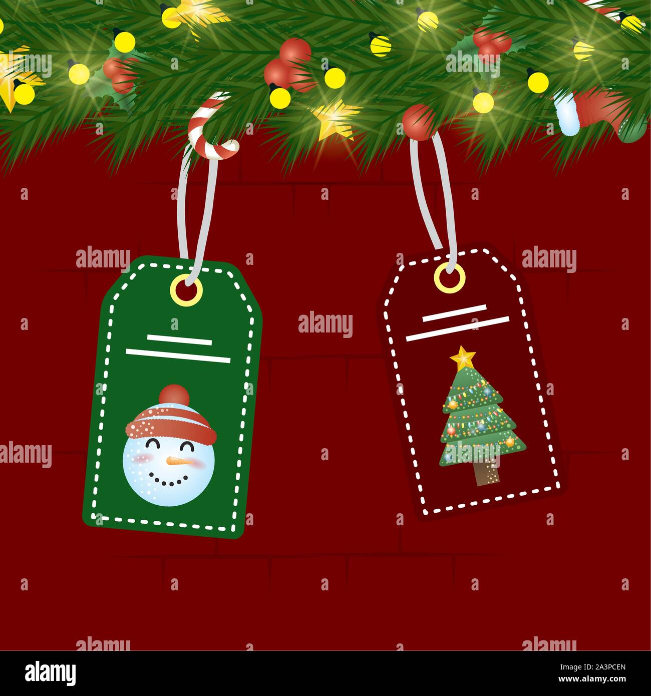 Merry Christmas card con corona e tag pendenti Illustrazione Vettoriale