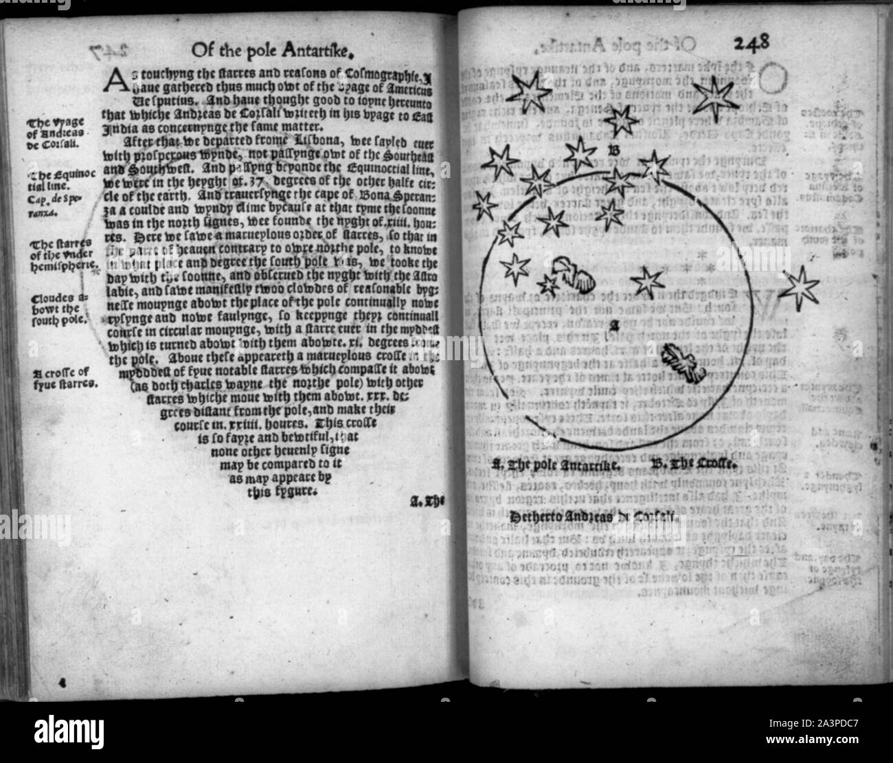 Il polo sud. 1555 Pagina di testo illus. con la mappa mostra la Pole Antartike e La Crosse (stelle) Foto Stock