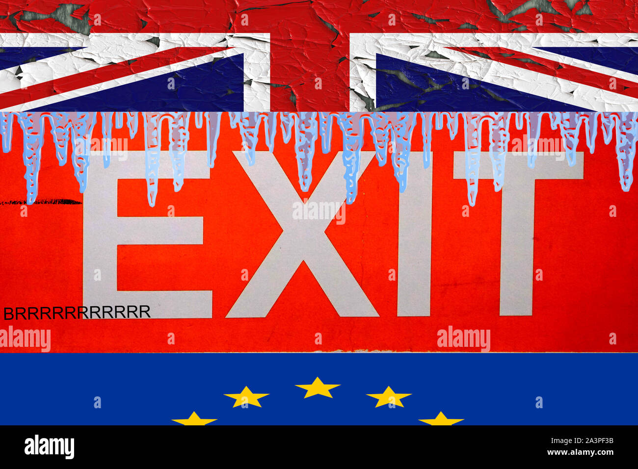 Concetto Brexit firmare con il Regno Unito e la bandiera UE con ghiaccioli sulla parte superiore del segnale di uscita e la parola brrr che mette insieme dà brexit Foto Stock
