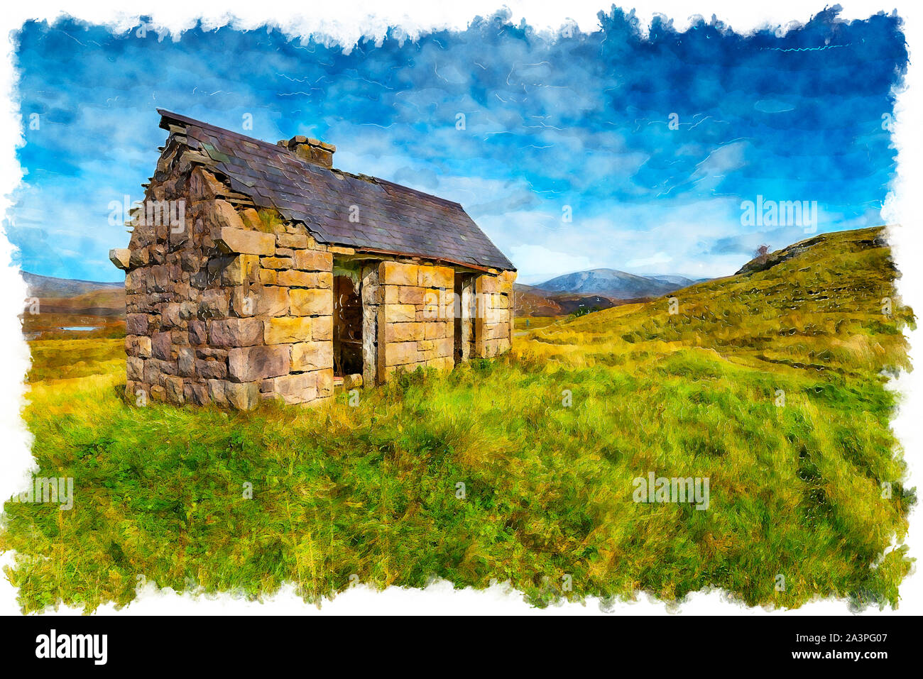 La pittura ad acquerello di un vecchio bothy a Elphin nelle Highlands della Scozia Foto Stock